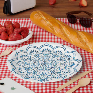 Assiettes En Carton Elégant Métallic Bleu Mandala Décoratif