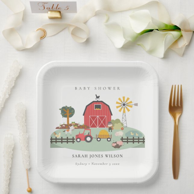 Assiettes En Carton Élégant mignon Baby shower animal de ferme de Barn (Mariage)