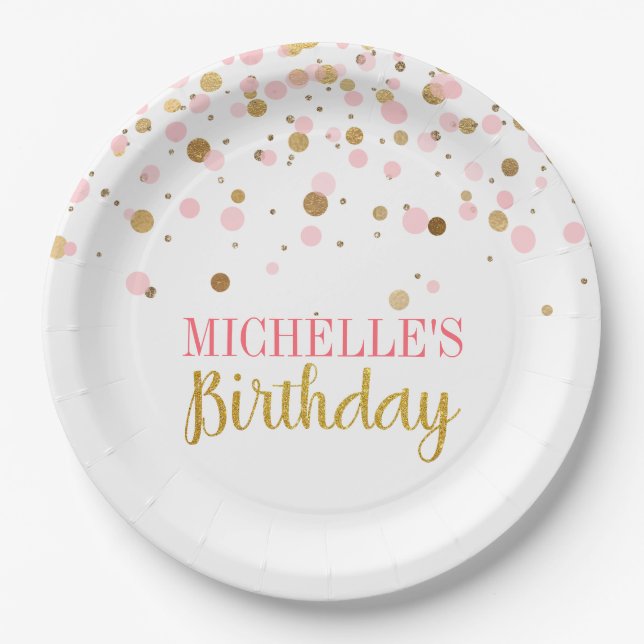 Assiettes En Carton Elégant Mignonne Rose Gold Confetti Fille Annivers (Devant)