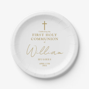 Assiettes En Carton Élégant minimaliste d'or première sainte communion