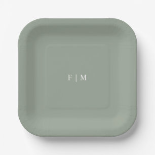 Assiettes En Carton Élégant minimaliste sauge vert mariage monogrammes