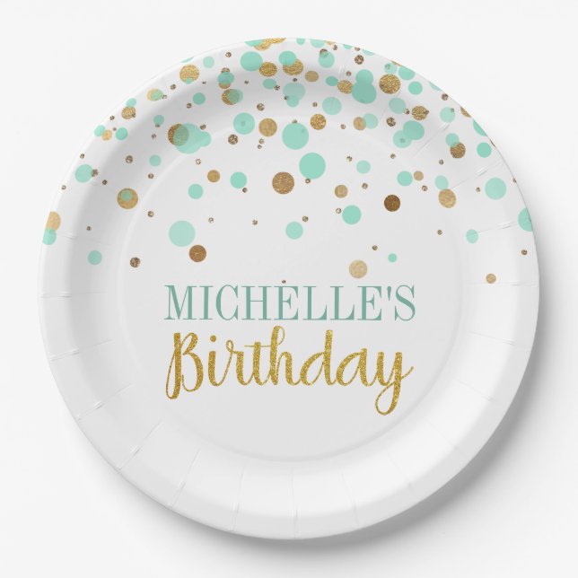 Assiettes En Carton Elégant Mint Green Gold Confetti Fille Anniversair (Devant)