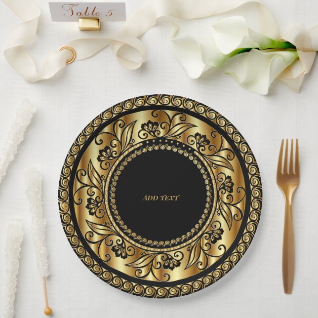 Assiettes En Carton Élégant MODÈLE noir et or (Mariage)