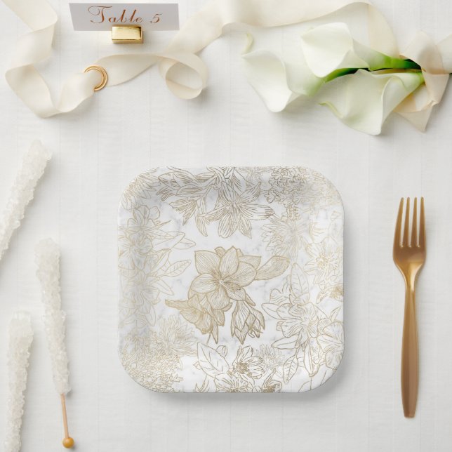 Assiettes En Carton Elégant moderne blanc gris or marbre floral (Mariage)