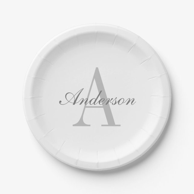Assiettes En Carton Élégant Monogramme blanc et gris (Devant)