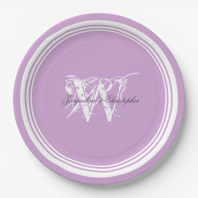 Assiettes En Carton Élégant Monogramme Chic Mauve Et Mariage Blanc (Devant)