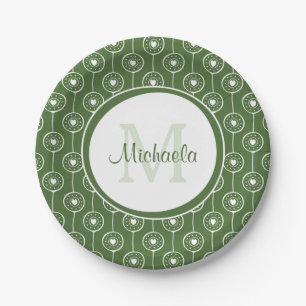 Assiettes En Carton Élégant Monogramme de Coeurs Vert et Blanc avec no