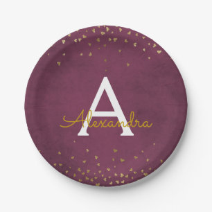 Assiettes En Carton Élégant Monogramme de Confetti Bourgogne et huile 