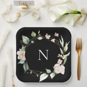 Assiettes En Carton Élégant Monogramme Floral rose Plaques Mariages