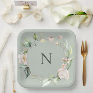 Assiettes En Carton Élégant Monogramme Floral Rose Sage Plaques Mariag