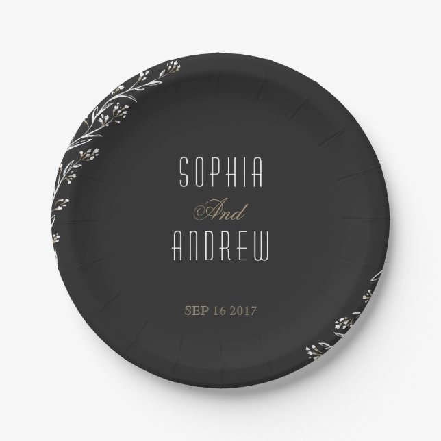 Assiettes En Carton Élégant monogramme mariage floral noir (Devant)