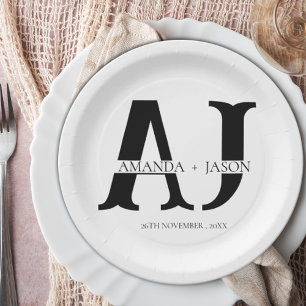 Assiettes En Carton Élégant Monogramme Mariée Groom Noms Mariage