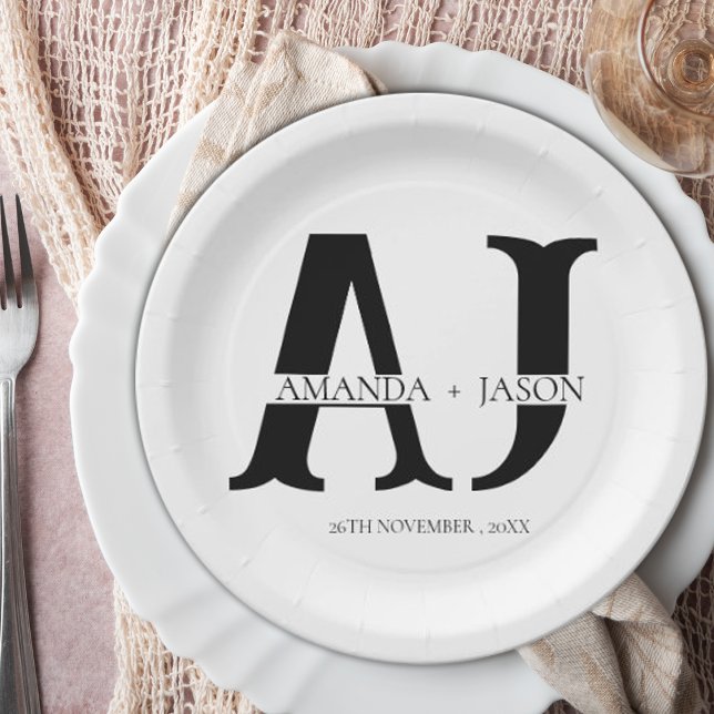 Assiettes En Carton Élégant Monogramme Mariée Groom Noms Mariage (Elegant Monogram Bride Groom Names Wedding Party Paper Plates)