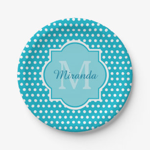 Assiettes En Carton Élégant Monogramme Pois Turquoise Avec Nom