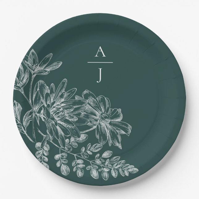 Assiettes En Carton Élégant Monogramme vert émeraude Floral (Devant)