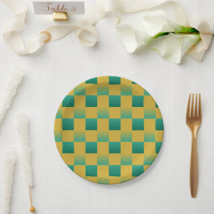 Assiettes En Carton Élégant motif à damiers en vert et or