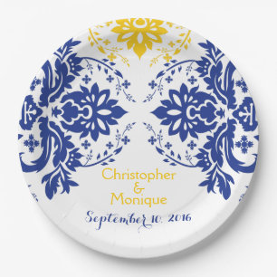 Assiettes En Carton Elégant motif damassé bleu royal, jaune mariage