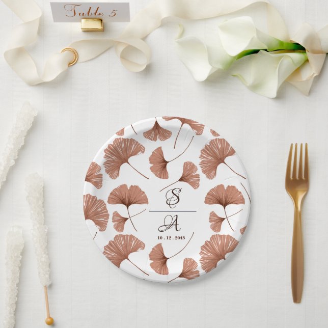 Assiettes En Carton Élégant motif de feuille de ginkgo en terre cuite  (Mariage)
