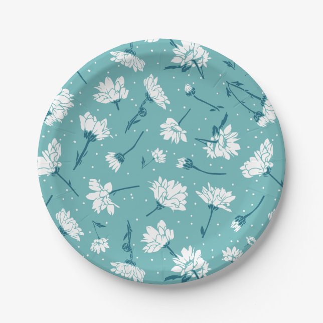 Assiettes En Carton Élégant motif floral - Botanique Turquoise et blan (Devant)