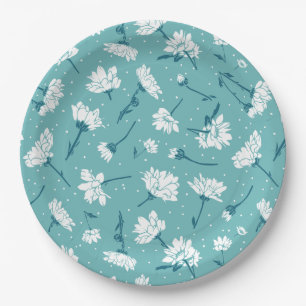 Assiettes En Carton Élégant motif floral - Botanique Turquoise et blan