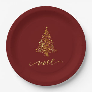 Assiettes En Carton Élégant Noel d'arbre de Noël rouge foncé et or