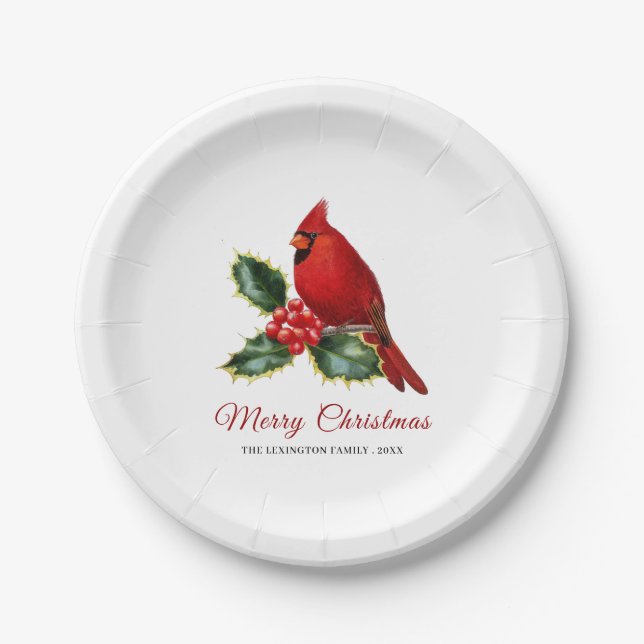 Assiettes En Carton Élégant Noël Rouge Cardinal Oiseau Holly (Devant)