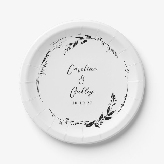 Assiettes En Carton Elégant noir blanc Mariage de couronne Floral sur  (Devant)