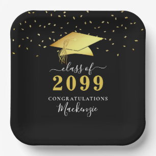 Assiettes En Carton Élégant Noir Confetti Script Graduation