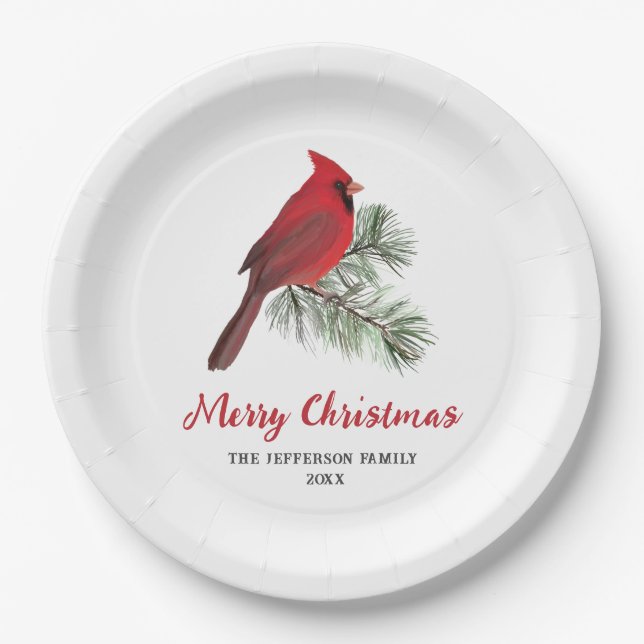 Assiettes En Carton Élégant oiseau cardinal sur le Monogramme de pin d (Devant)