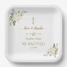Assiettes En Carton Elégant or Aquarelle Fleurs blanches Baptême