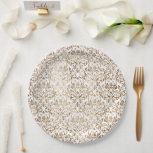 Assiettes En Carton Elégant or blanc Chic Damask