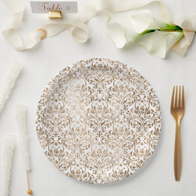 Assiettes En Carton Elégant or blanc Chic Damask (Mariage)
