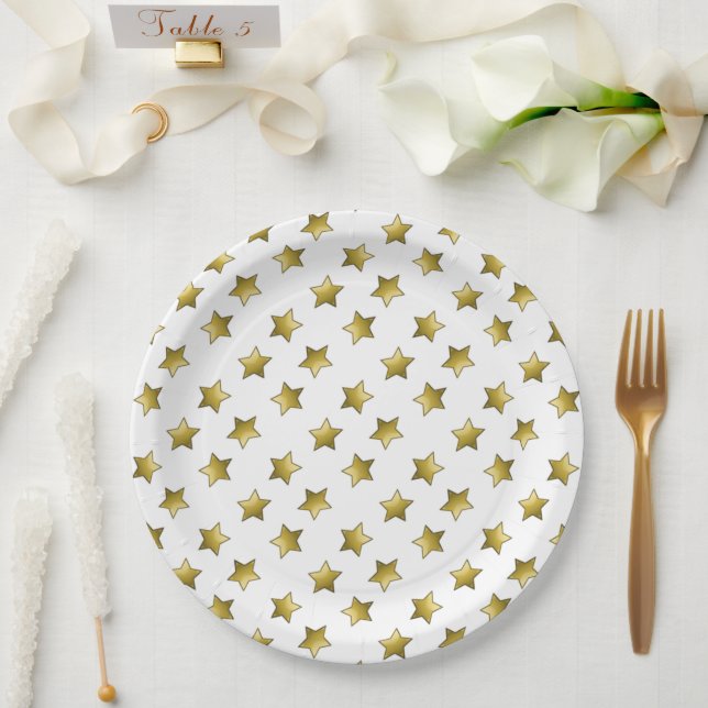Assiettes En Carton Élégant or étoiles motif blanc (Mariage)