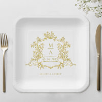 Élégant or Floral Crest Monogram Mariage