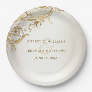 Assiettes En Carton Elégant or Floral Damask Shiny Champagne Mariage