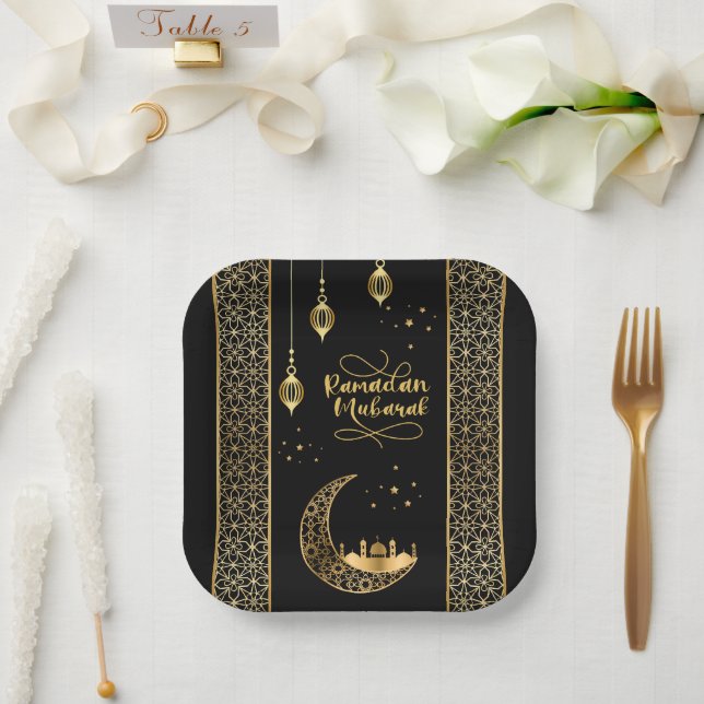 Assiettes En Carton Elégant or Motifs islamiques Ramadan Moubarak (Mariage)
