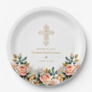 Assiettes En Carton Élégant or Ornate Cross Floral Baptism