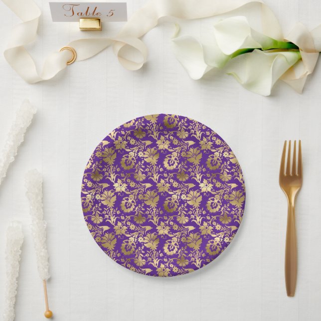 Assiettes En Carton Élégant or violet floral (Mariage)