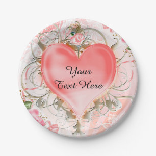 Assiettes En Carton Élégant Ornemental Fleur Coeur Pêche Fête