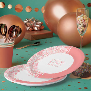 Assiettes En Carton Elégant Paisley Rose Sur Écran Split Blanc & Rose