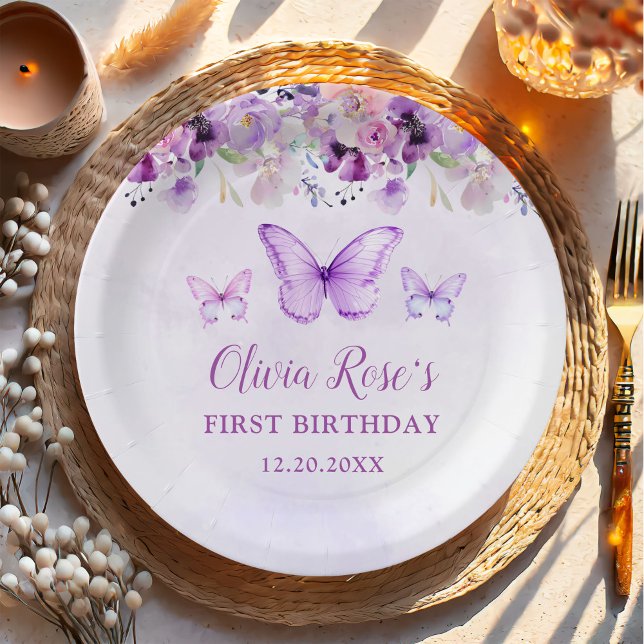 Assiettes En Carton Elégant papillon violet 1er anniversaire fête (Créateur téléchargé)