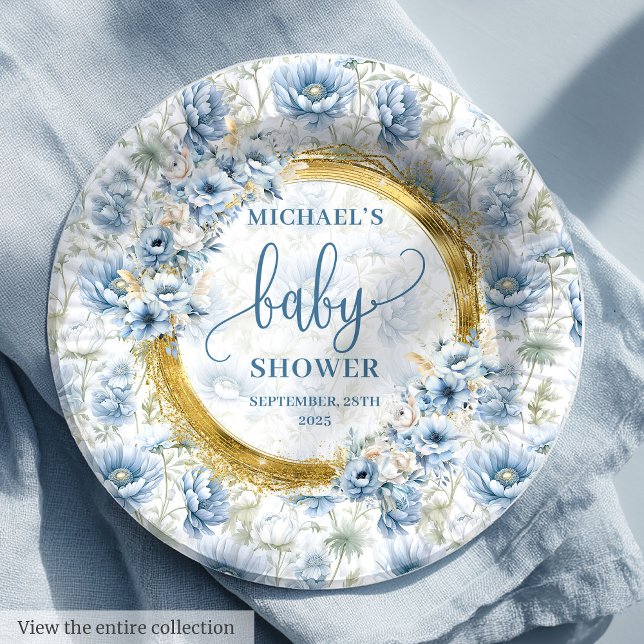 Assiettes En Carton Elégant pastel bleu fleurs or garçon baby shower (Elegant pastel blue flowers gold boy baby shower Paper Plates)
