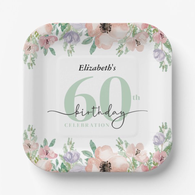 Assiettes En Carton Elegant Pastel Floral 60th Birthday Party (Recto)
