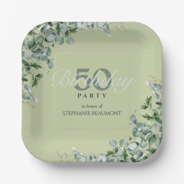 Assiettes En Carton Elegant Pastel Green Flower Women's 50th Birthday  (Recto)