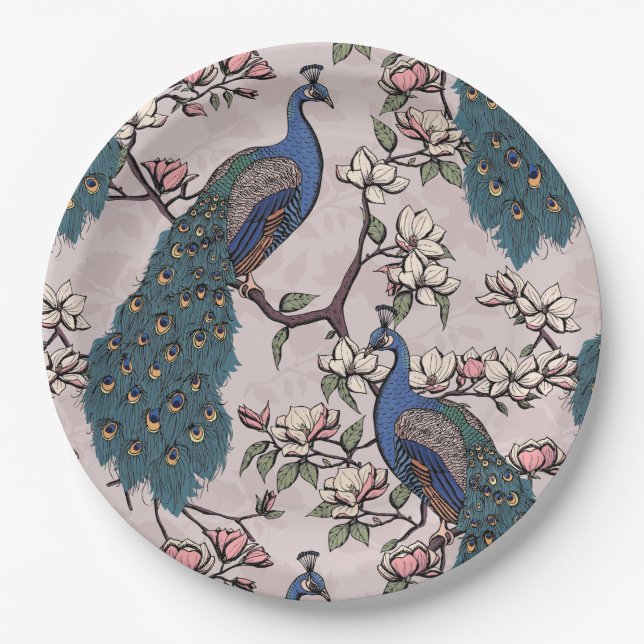 Assiettes En Carton Elégant Peacocks & Magnolia Fleurs Roses Bleues (Devant)
