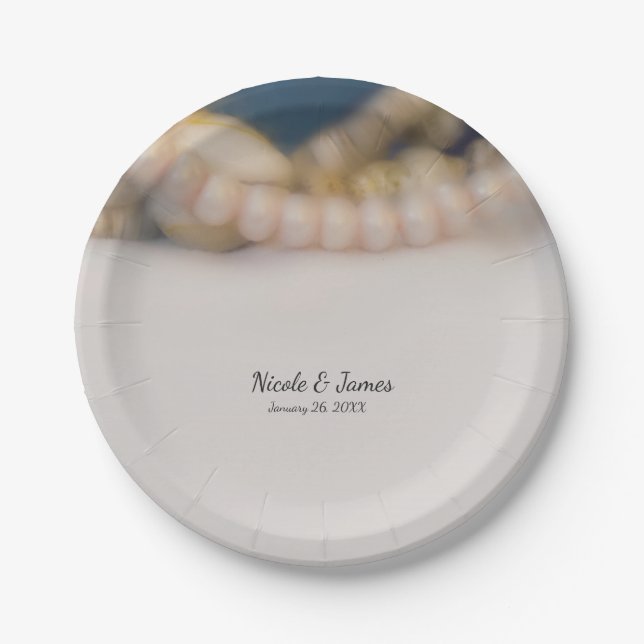 Assiettes En Carton Elégant Pearls & Sea Shells Beach Mariage (Devant)