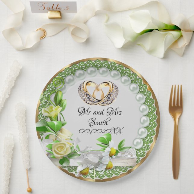 Assiettes En Carton Elégant perles Fleurs Mariage personnalisable (Mariage)