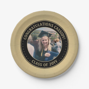 Assiettes En Carton Elégant Photo Black & Gold Modern Graduation party