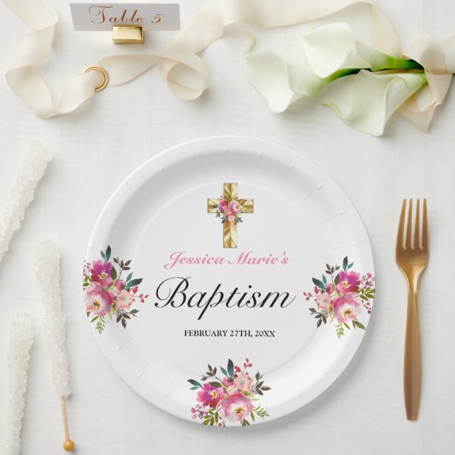 Assiettes En Carton Élégant PInk Floral Gold Cross Baptism (Mariage)