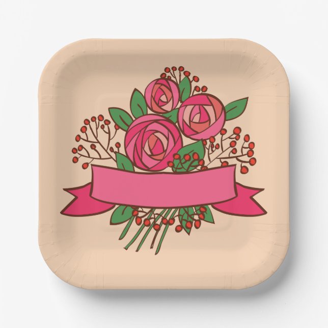 Assiettes En Carton Elegant Pink Rose Floral Bouquet (Recto)